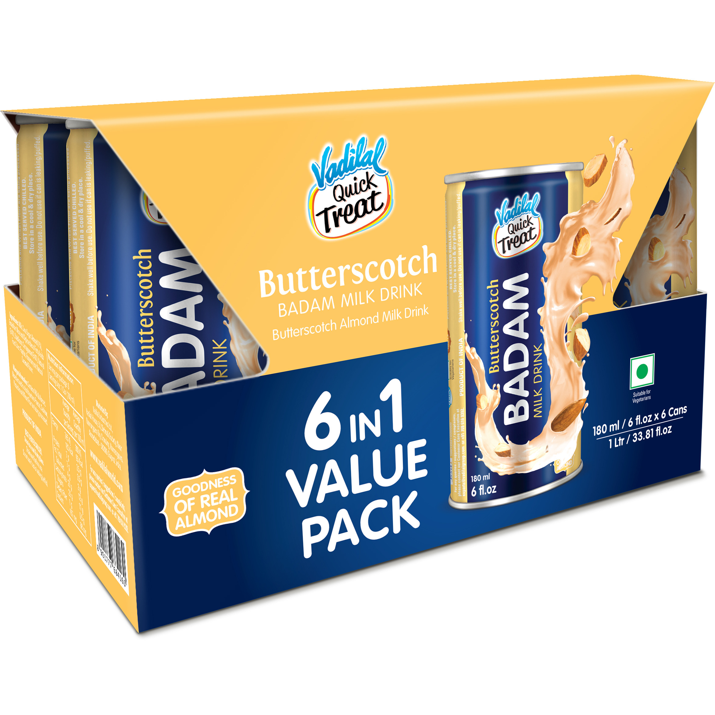 Case of 6 - Vadilal Butterscotch Badam Milk Drink 6 In 1 Value Pack - 180 Ml (6 Fl Oz) [Fs]