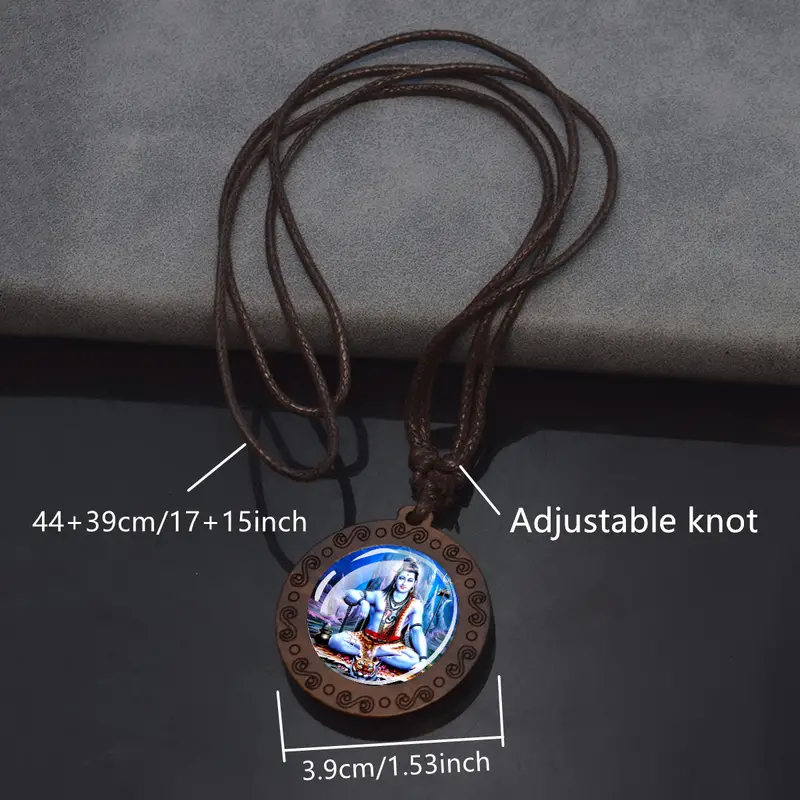 Men's Indian God Round Glass Wood Pendant Necklace - 1.53 In