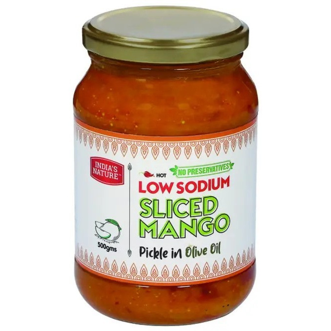 India's Nature Low Sodium Sliced Mango Pickle in Olive Oil - 500 Gm (1.1 Lb)