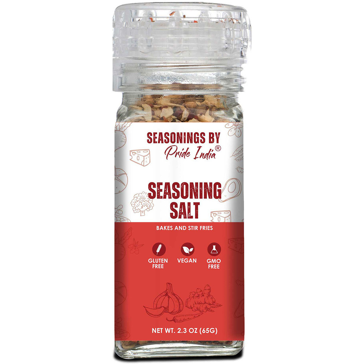 Pride of India Seasoning Salt 2.3 oz (65 gm) w/ Convenient Grinder Cap Tangy Spicy Taste | Himalayan Pink Salt Fresh Garlic Onion Spices | Used for Seasoning Flavoring Spicing | Vegan Gluten Free by