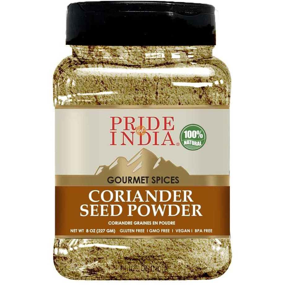 Pride of India ??? Coriander Seed Ground ??? Authentic Indian Spice ??? Freshly Packed Gourmet Spice ??? Must Ingredient in Indian & Middle Eastern Cuisines ??? Easy to Store ??? 8oz. Medium Dual Sifter Jar