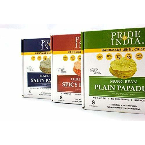 Pride Of India - Assorted Papadum Lentil Crisps - Plain, Salty & Spicy - Pack of 6 (2 Boxes per Flavor) 6 * 100gm oz