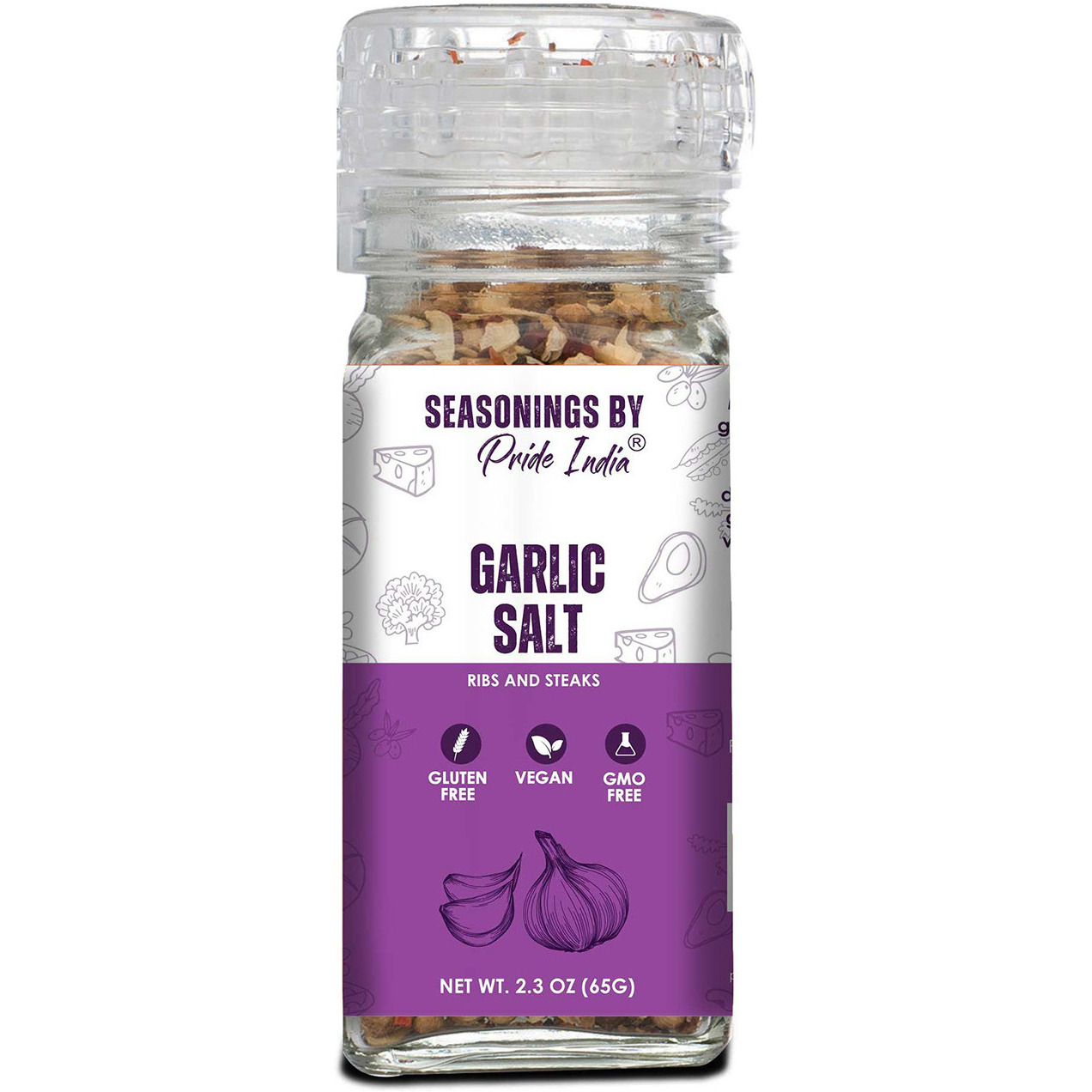 Pride of India Garlic Salt 2.3 oz (65 gm) w/ Convenient Grinder Cap Savory Pungent Tangy Taste | Himalayan Pink Salt Minced Garlic Mix | Vegan Gluten Free