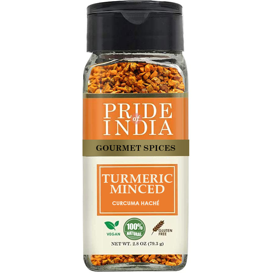 Pride of India ??? Turmeric Minced Whole ??? Gourmet Spice ??? Curcumin Rich/ Anti-inflammatory Properties ??? No Additives/ Gluten ??? Easy to Use ??? 2.8 oz. Small Dual Sifter Jar