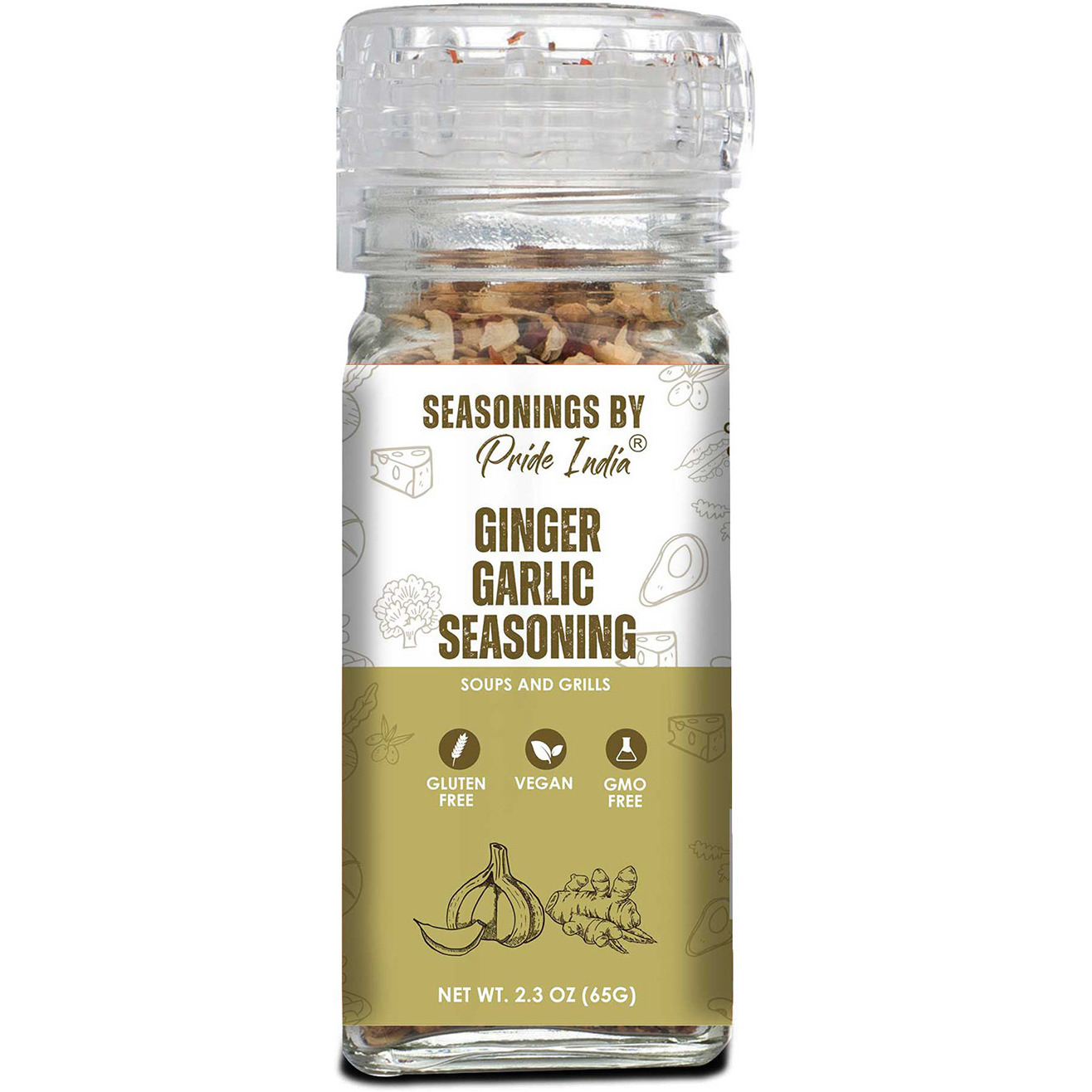 Pride of India Ginger Garlic Seasoning 2.3 oz (65 gm) w/ Convenient Grinder Cap Spicy Savory Taste | For Cooking, Marinating Stir-Frying Roasting Baking | Vegan Gluten Free