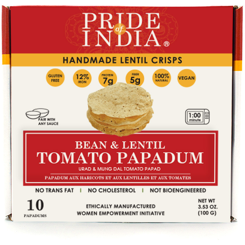 Pride Of India | Tomato Papadum, 10-Count (3.53oz - 100gm) | Protein Fiber & Iron Rich, Gluten-Free Vegan Lentil Crackers, Healthy Indian Appetizer | Microwaveable & Ready in Seconds