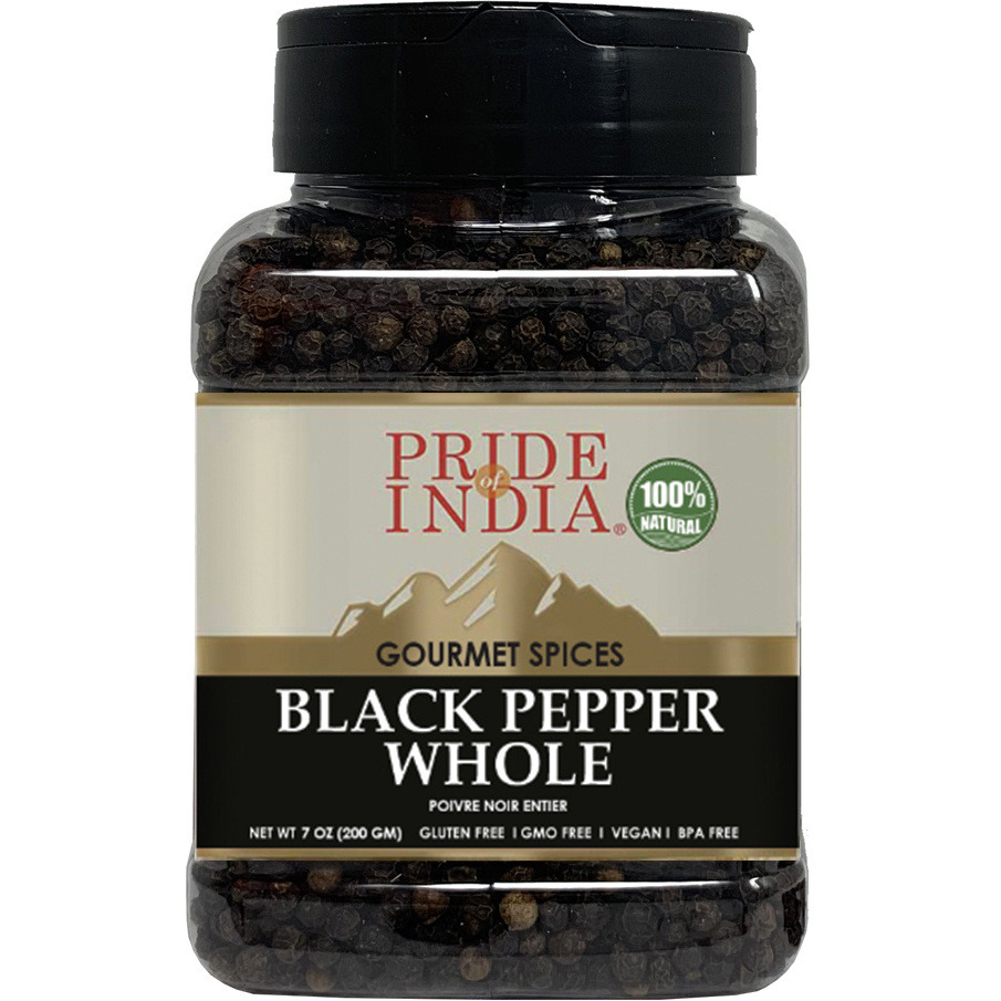 Pride of India ??? Black Peppercorn Whole ??? Gourmet & Culinary Spice ??? Full Bodied, Dried & Flavorful ??? Preservatives & Gluten Free ??? 8 oz. Medium Dual Sifter Jar