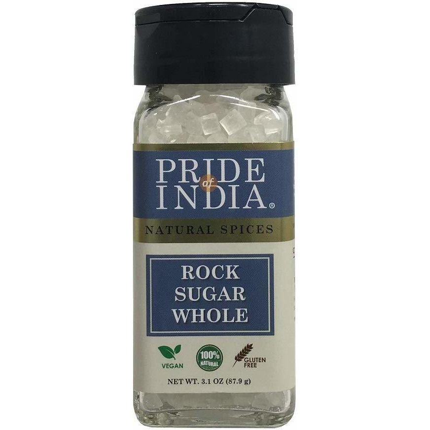 Pride Of India - Natural Crystal Rock Sugar Whole- 3.1 oz (88 gm) Dual Sifter Jar, Authentic Indian Sugar Crystals, Used to Sweeten Milk