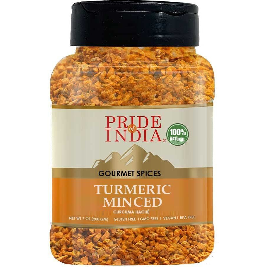 Pride of India ??? Turmeric Minced Whole ??? Gourmet Spice ??? Curcumin Rich/ Anti-inflammatory Properties ??? No Additives/ Gluten ??? Easy to Use ??? 7 oz. Medium Dual Sifter Jar