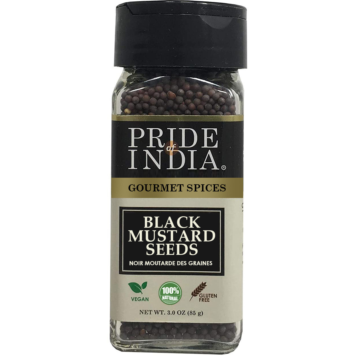 Pride of India ??? Black Mustard Seed ??? Gourmet & Vegan Indian Spice ??? Pungent/Spicy Flavor ??? Dry Seasoning - Gluten & GMO Free ??? Easy to Use ??? 3oz. Small Dual Sifter Bottle