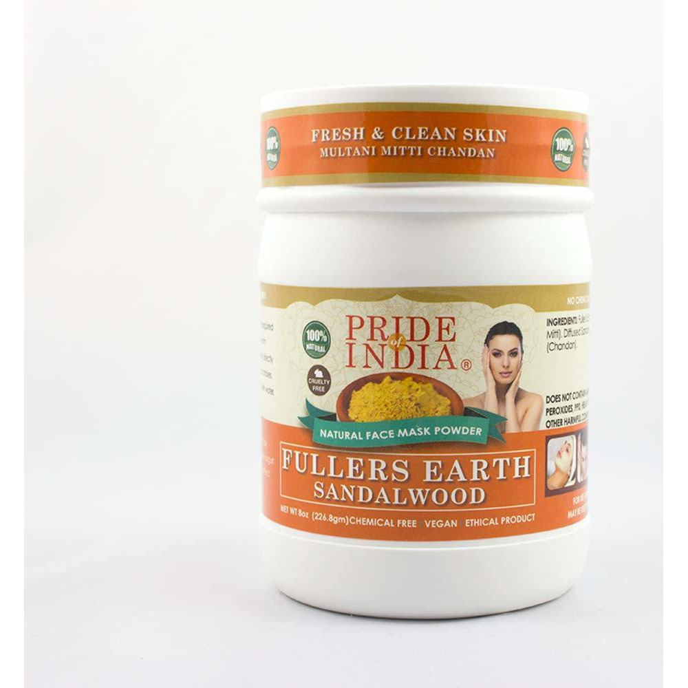 Pride Of India - Fuller's Earth Indian Clay Healing Face Mask Powder w/ Sandalwood, Half Pound Jar, 100% Natural