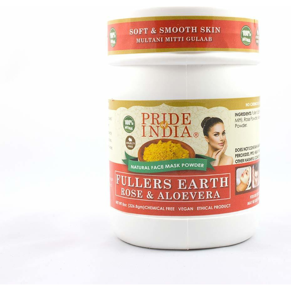 Pride Of India - Fuller's Earth Indian Clay Face Mask Powder w/Rose & Aloevera, Half Pound Jar, 100% Natural