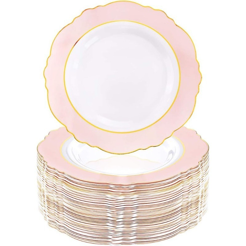 60pcs Pink Plastic Plates - 10.25inch Baroque Pink &Gold Disposable Dinner Plates for Upscale Parties &Wedding-Special