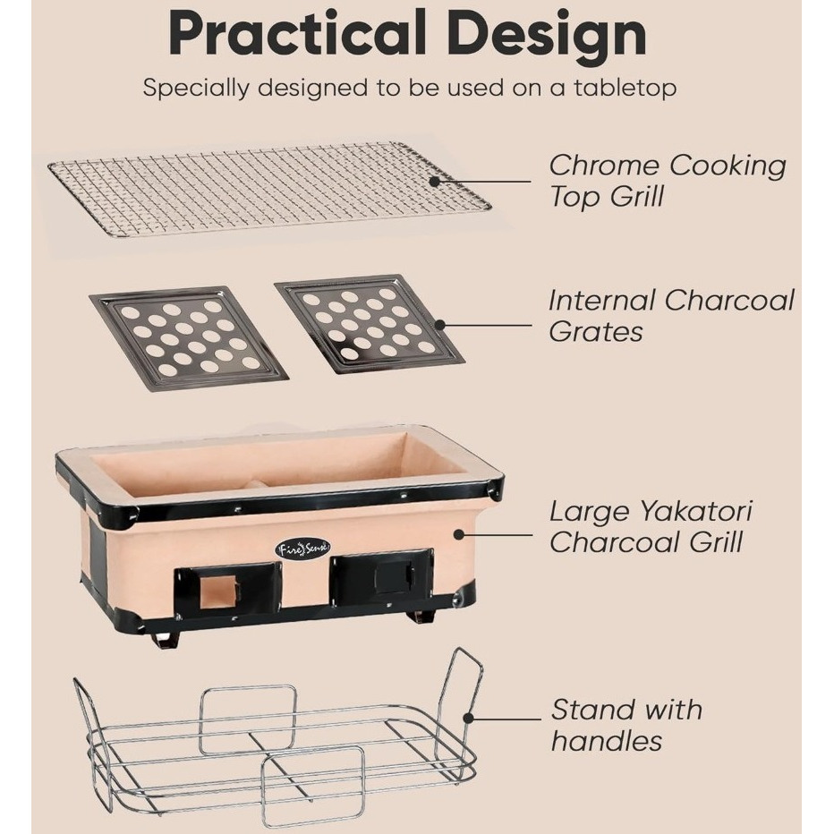 Fire Sense 60450 Yakatori Internal Grates Charcoal Chrome Cooking Grill Japanese Table BBQ Handmade Using Clay Adjustable Ventil