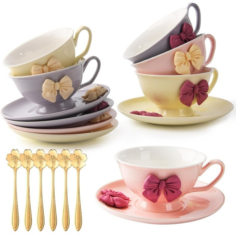 Cups and Saucers Set of 6, Coffee Mugs, Pumpkin Cups,Tea Set,18-Piece, Cup with 7.7oz, Golden Trim, Golden Spoon, Bone China