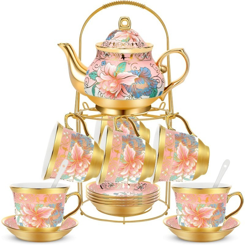 20 Pieces Porcelain Tea Set for Adults with Metal Holder European Ceramic Tea Set Cup Saucer Gold Plated Ceramic Tea Set