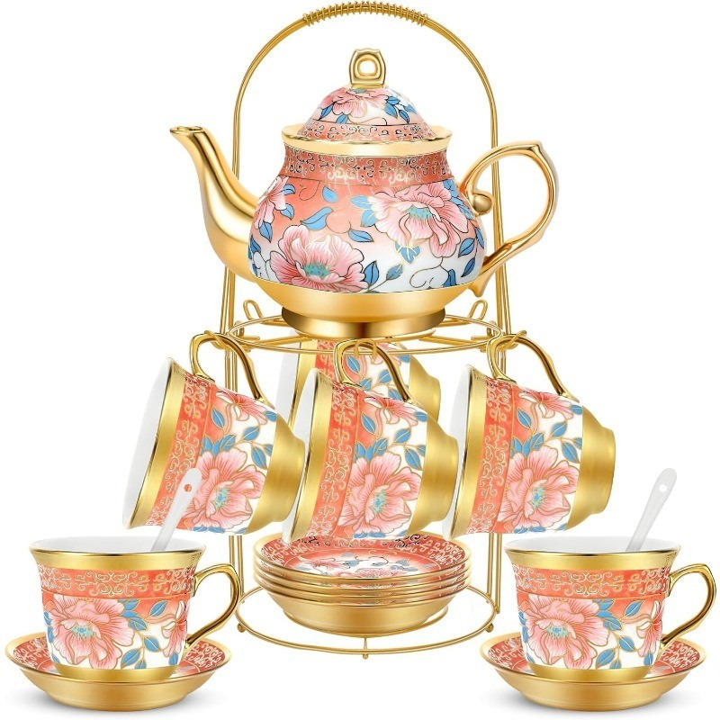 20 Pieces Porcelain Tea Set for Adults with Metal Holder European Ceramic Tea Set Cup Saucer Gold Plated Ceramic Tea Set