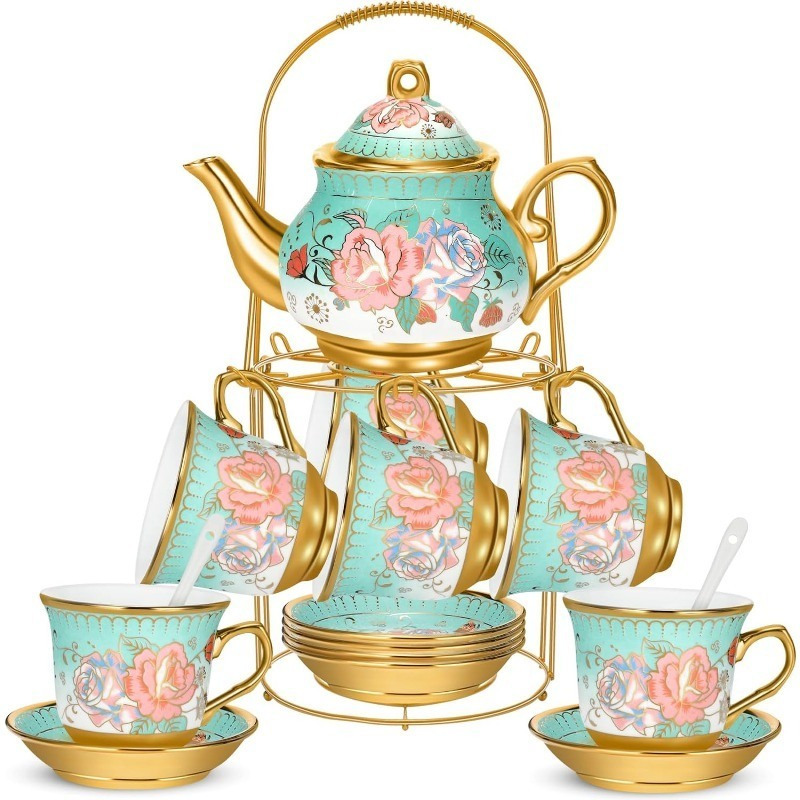 20 Pieces Porcelain Tea Set for Adults with Metal Holder European Ceramic Tea Set Cup Saucer Gold Plated Ceramic Tea Set