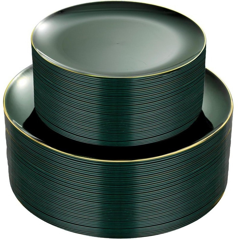 100PCS Green Plastic Plates - Green Disposable With Gold Rim - Plates Disposable Include 50PCS Green Dinner Plates