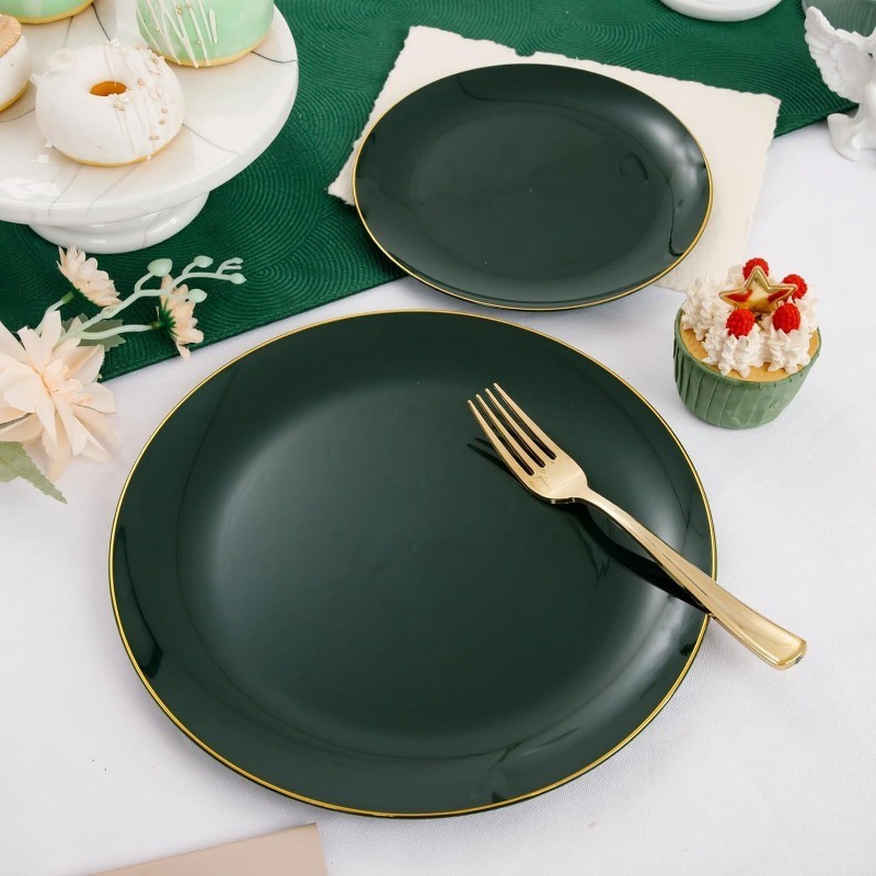 100PCS Green Plastic Plates - Green Disposable With Gold Rim - Plates Disposable Include 50PCS Green Dinner Plates