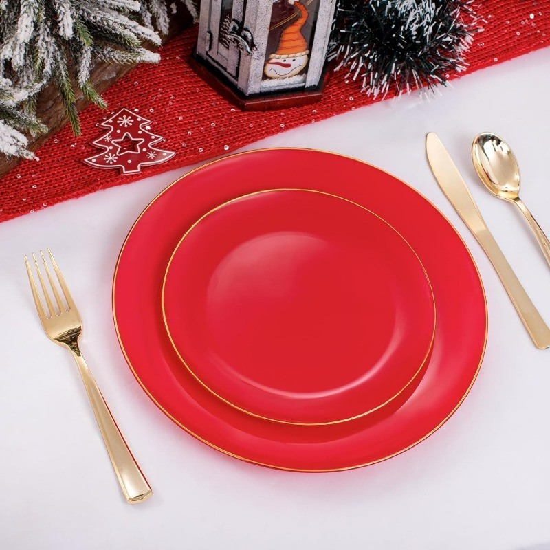 100PCS Green Plastic Plates - Green Disposable With Gold Rim - Plates Disposable Include 50PCS Green Dinner Plates