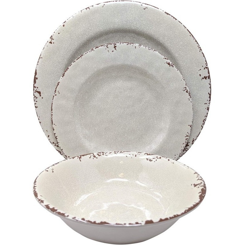 12 Piece Rustic Farmhouse Melamine Dinnerware Set, Service for 4 (New Ivory)