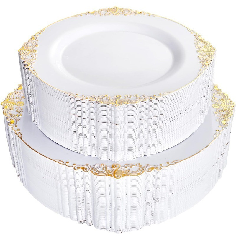 102PCS White and Gold Plastic Plates - Heavyweight Gold Disposable Plates Include 51PCS 7.5inch Dessert Plates, 51PCS