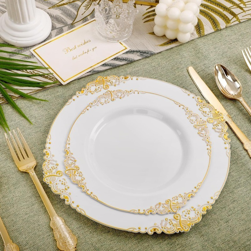 102PCS White and Gold Plastic Plates - Heavyweight Gold Disposable Plates Include 51PCS 7.5inch Dessert Plates, 51PCS