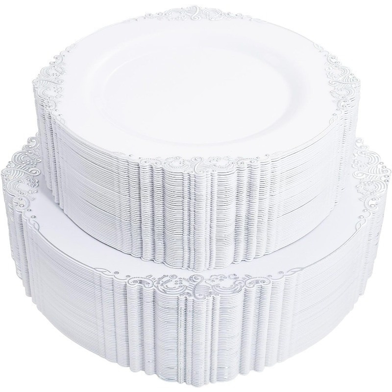 102PCS White and Gold Plastic Plates - Heavyweight Gold Disposable Plates Include 51PCS 7.5inch Dessert Plates, 51PCS