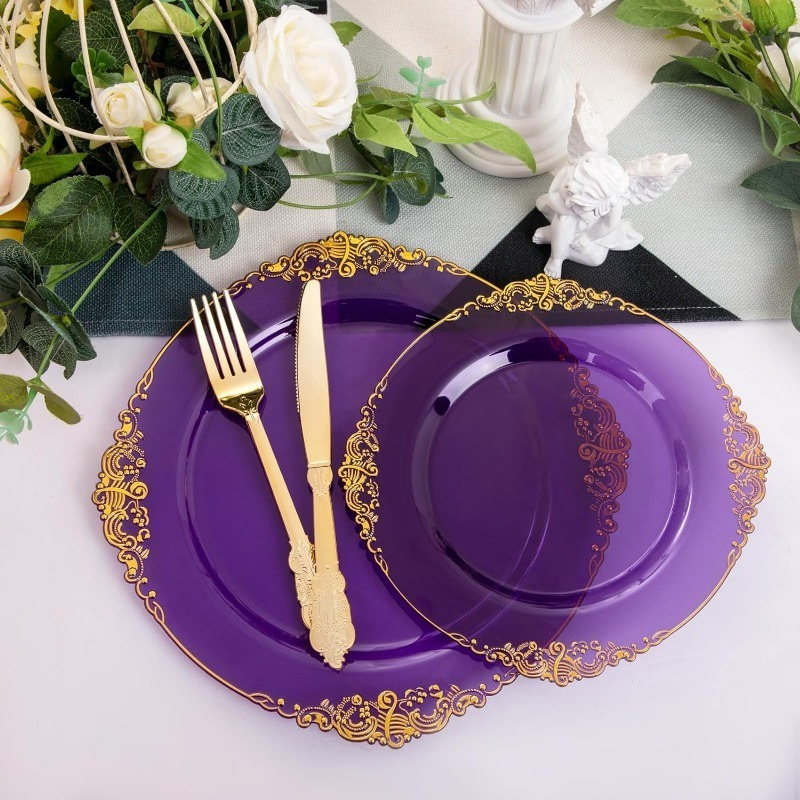 102PCS White and Gold Plastic Plates - Heavyweight Gold Disposable Plates Include 51PCS 7.5inch Dessert Plates, 51PCS