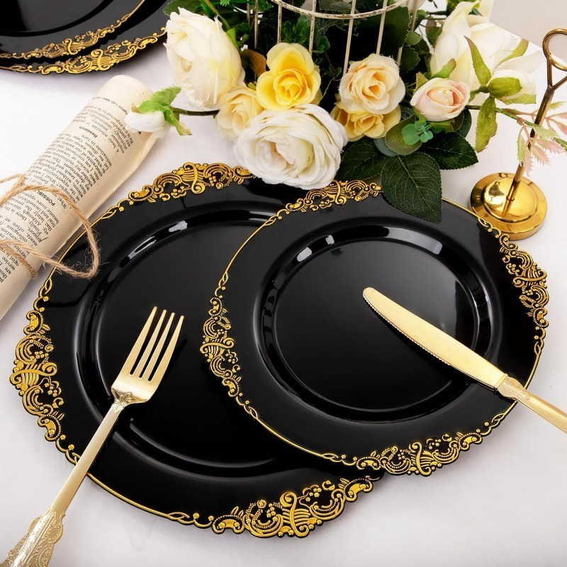 102PCS White and Gold Plastic Plates - Heavyweight Gold Disposable Plates Include 51PCS 7.5inch Dessert Plates, 51PCS