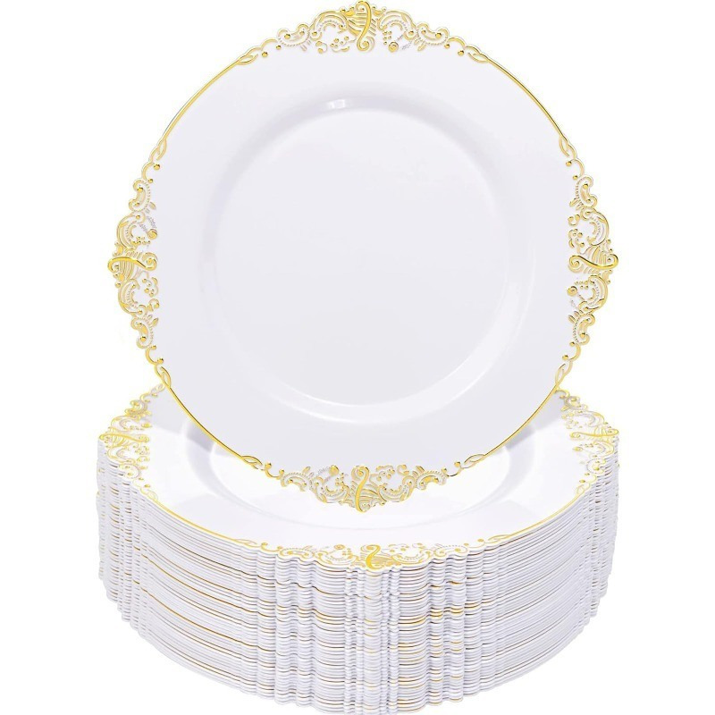 100PCS White and Gold Plastic Plates - 10.25Inch Gold Disposable Plates - Heavyweight Gold Dinner Plates for Wedding & Party