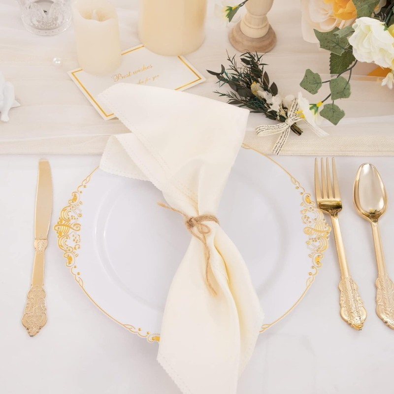 100PCS White and Gold Plastic Plates - 10.25Inch Gold Disposable Plates - Heavyweight Gold Dinner Plates for Wedding & Party