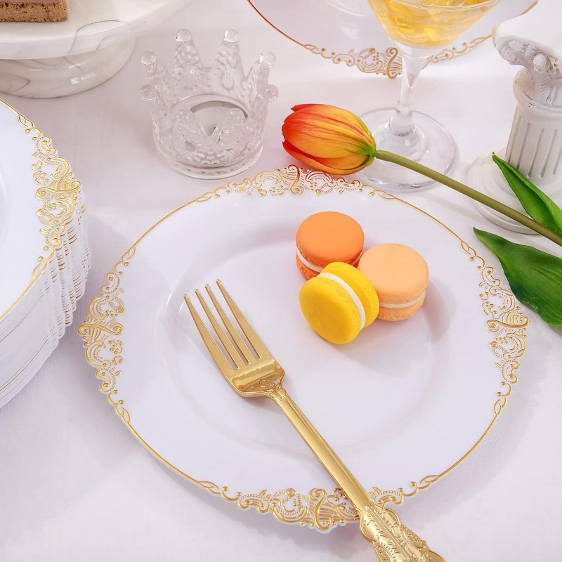 100PCS White and Gold Plastic Plates - 10.25Inch Gold Disposable Plates - Heavyweight Gold Dinner Plates for Wedding & Party