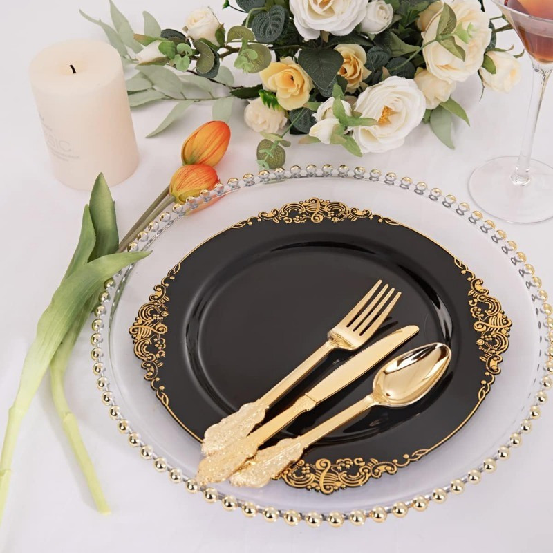 100PCS White and Gold Plastic Plates - 10.25Inch Gold Disposable Plates - Heavyweight Gold Dinner Plates for Wedding & Party