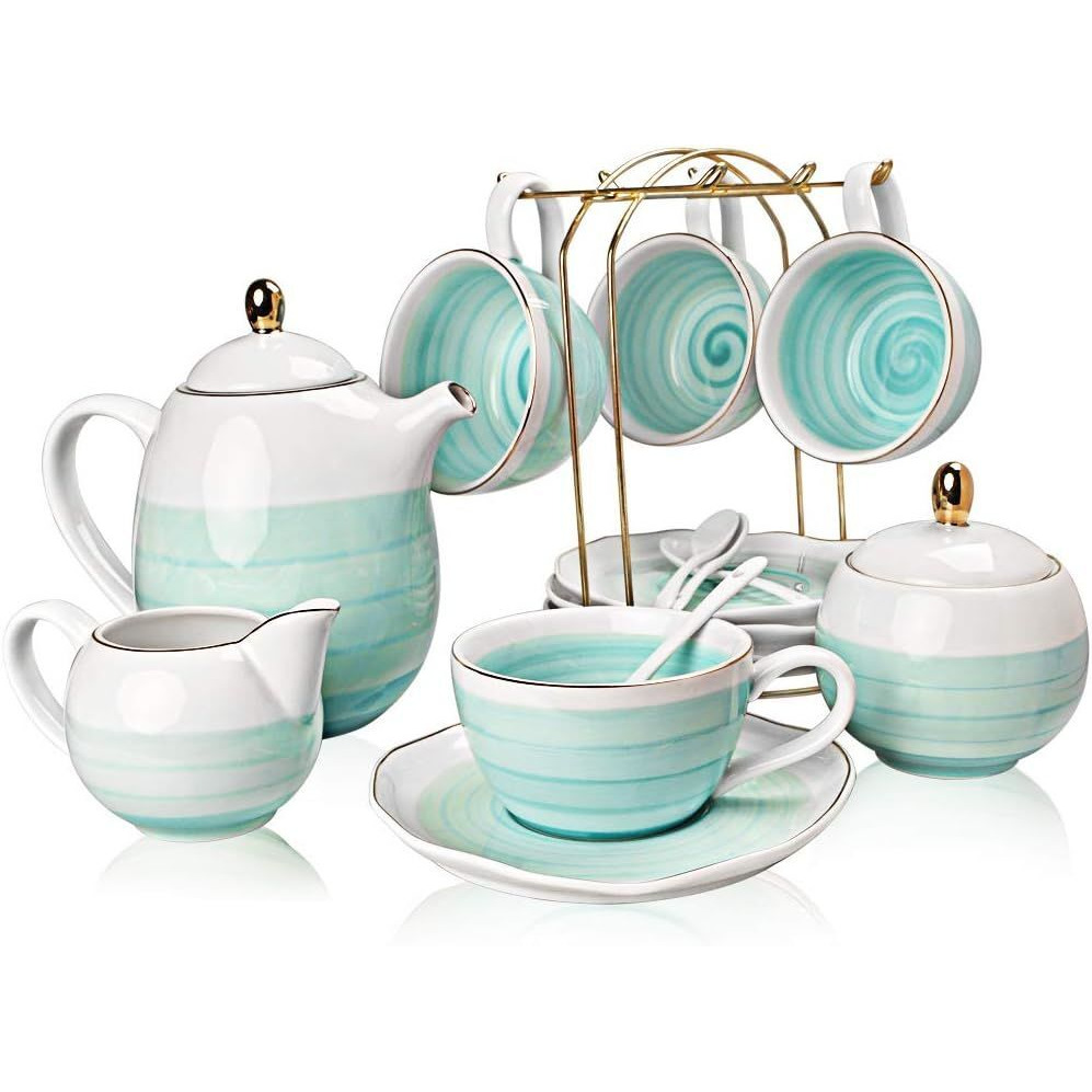 Porcelain Tea Sets, 8 OZ Cups & Saucer Service for 4, Teapot Sugar Bowl Cream Pitcher Teaspoons and Tea Strainer, Teaware Sets