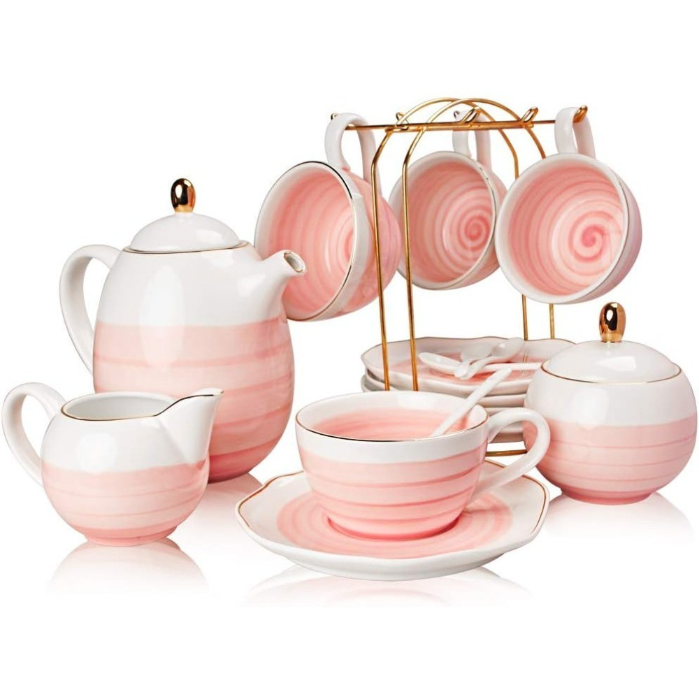 Porcelain Tea Sets, 8 OZ Cups & Saucer Service for 4, Teapot Sugar Bowl Cream Pitcher Teaspoons and Tea Strainer, Teaware Sets