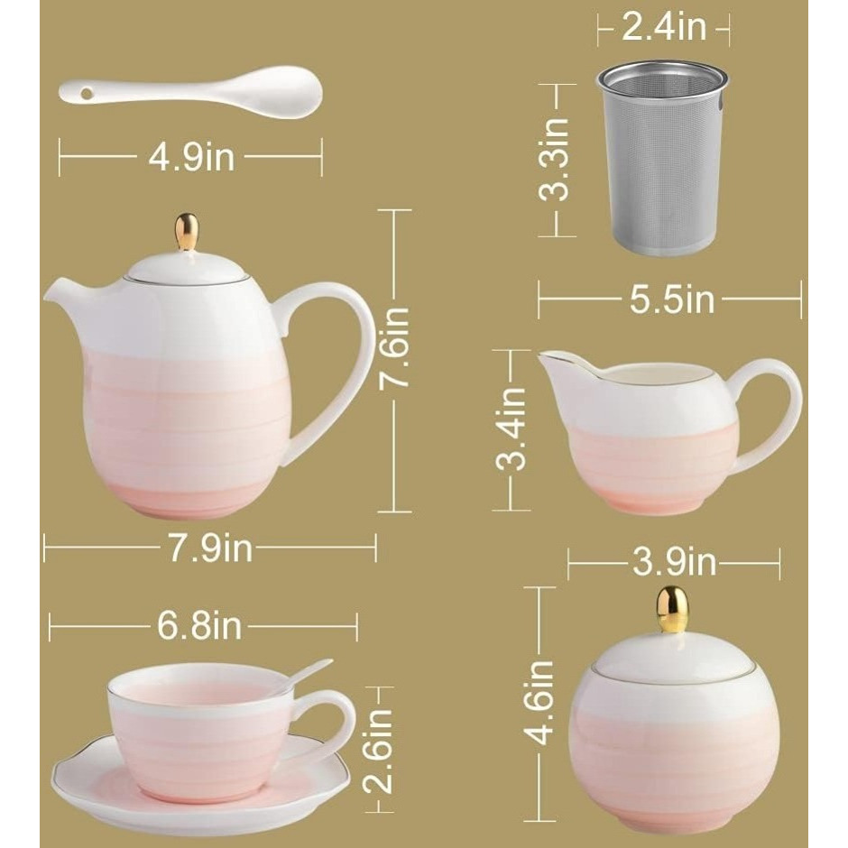 Porcelain Tea Sets, 8 OZ Cups & Saucer Service for 4, Teapot Sugar Bowl Cream Pitcher Teaspoons and Tea Strainer, Teaware Sets