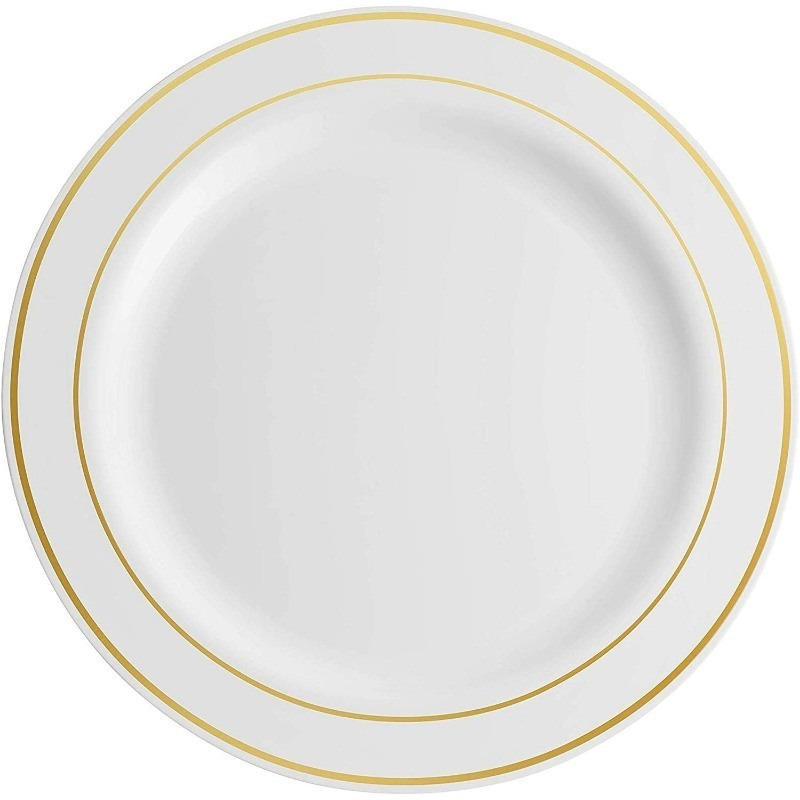 Munfix 100 Piece Plastic Party Plates White Gold Rim, Premium 10.25 Inch Dinner Elegant Fancy Heavy Duty Disposable