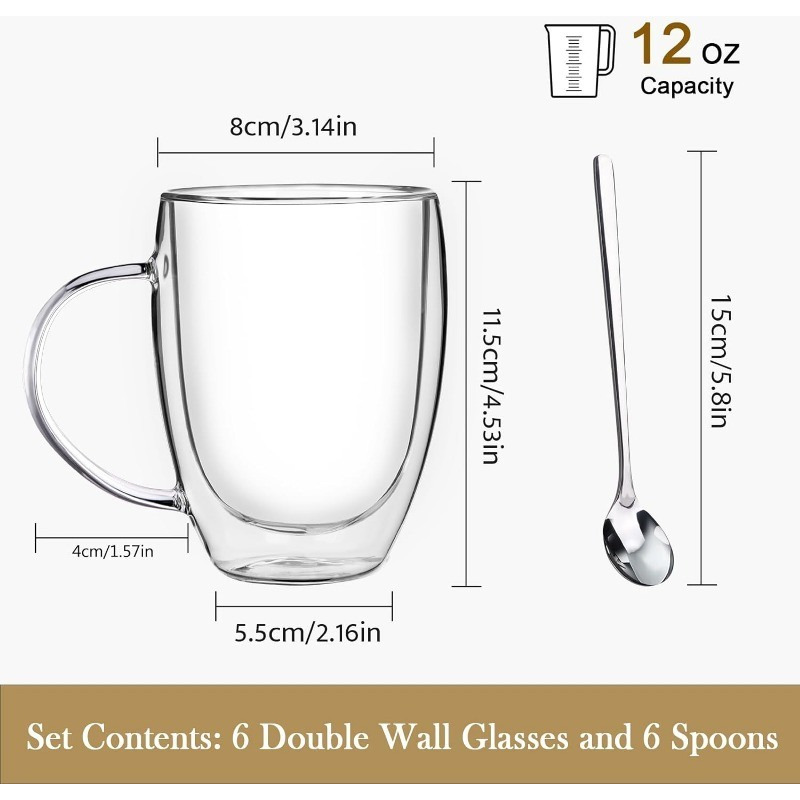 Double Wall Glass Coffee Mugs, 12 Oz Clear Coffee Mugs with Handle, Insulated Glass Coffee Mugs Set of 6, Perfect for Espresso