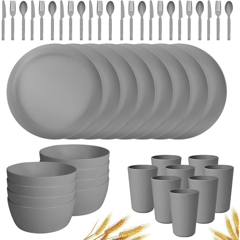 48-Piece Plastic Wheat Straw Dinnerware Sets Plates and Bowls Sets for 8 Lightweight Bowls Unbreakable Dish Set