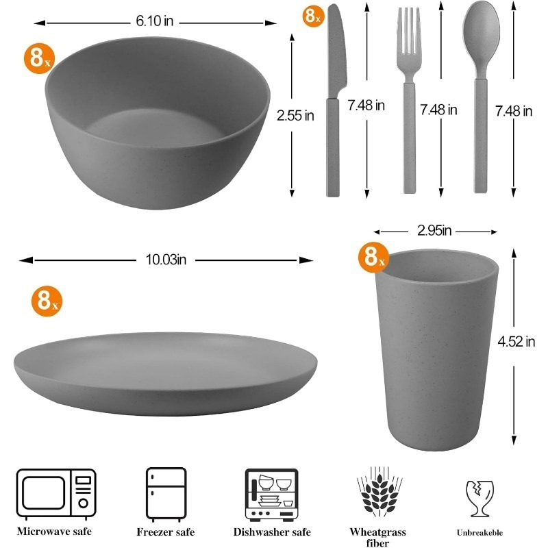 48-Piece Plastic Wheat Straw Dinnerware Sets Plates and Bowls Sets for 8 Lightweight Bowls Unbreakable Dish Set