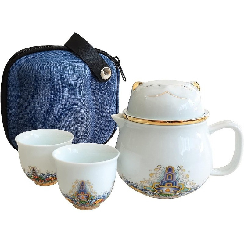 Portable Ceramic Tea Cup Set: Lucky Cat Porcelain Teapot Set with Handle -Tea Strainer -Lids and 2 Teacups,1 Shockproof Storage