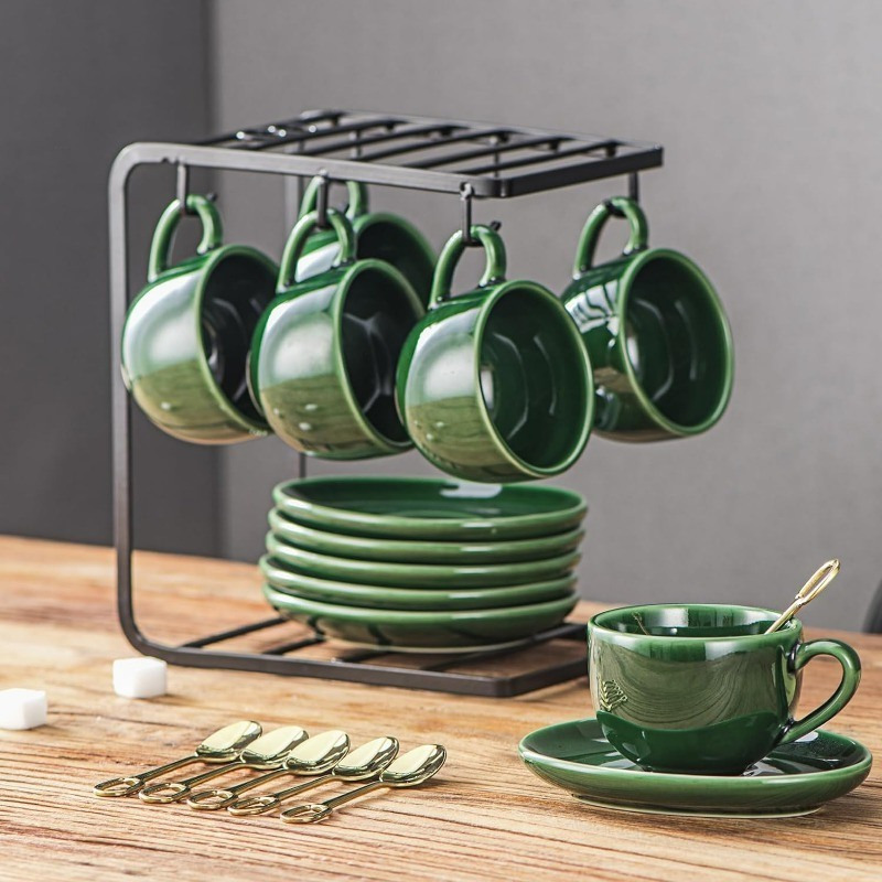 Ceramic Espresso Coffee Cups - 4 oz Porcelain Espresso Cups Set with Saucers Spoons and Metal Stand for Tea Cafe Cappuccino