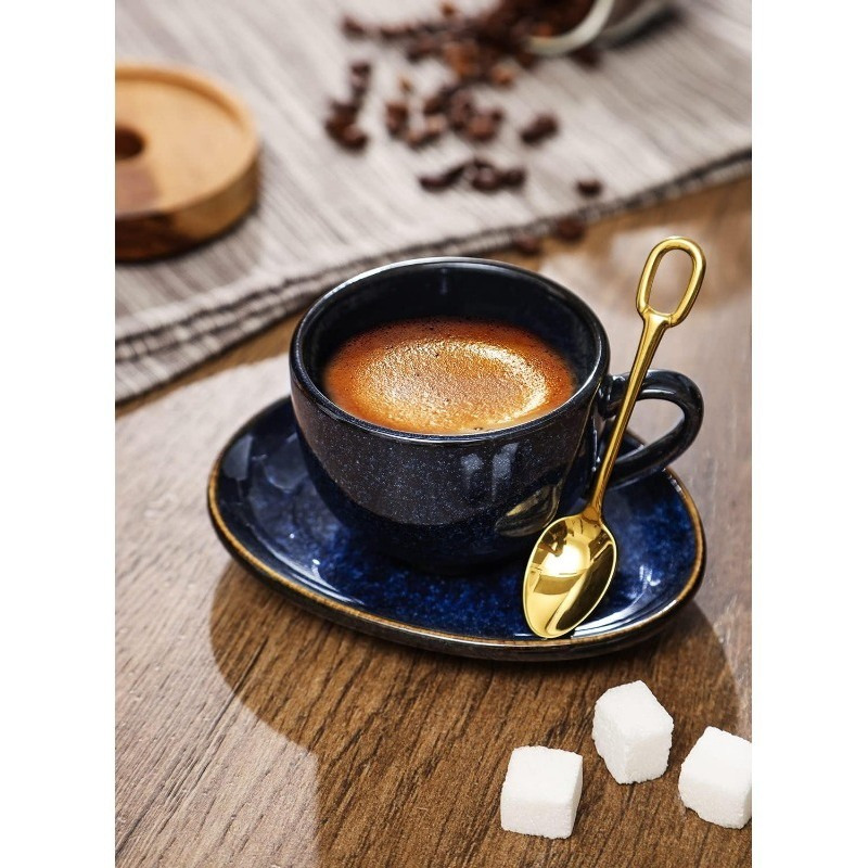 Ceramic Espresso Coffee Cups - 4 oz Porcelain Espresso Cups Set with Saucers Spoons and Metal Stand for Tea Cafe Cappuccino