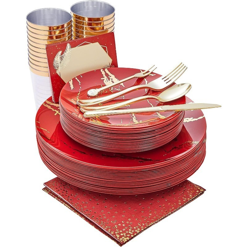 225PCS Red Gold Plastic Plates Set, Disposable Dinnerware Set Include 25 Dinner Plates, 25 Dessert Plates, Forks