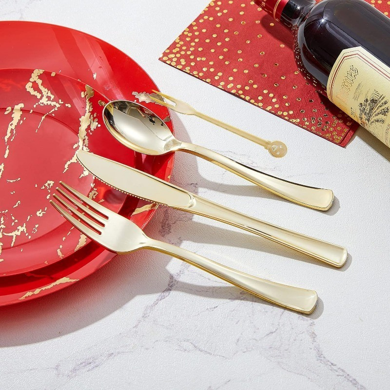 225PCS Red Gold Plastic Plates Set, Disposable Dinnerware Set Include 25 Dinner Plates, 25 Dessert Plates, Forks