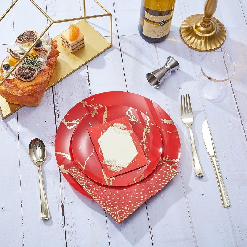 225PCS Red Gold Plastic Plates Set, Disposable Dinnerware Set Include 25 Dinner Plates, 25 Dessert Plates, Forks