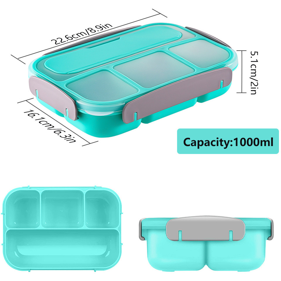 1Layers Portable Student Lunch Box Can Be Heated In The Microwave Leakproof Thicker PP Plastic 4 Split Lunch Box with Fork Spoon