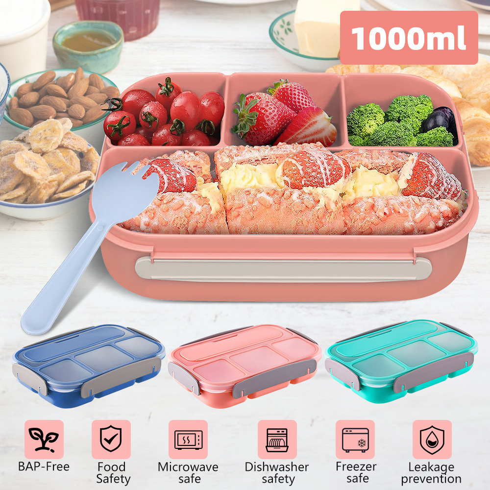 1Layers Portable Student Lunch Box Can Be Heated In The Microwave Leakproof Thicker PP Plastic 4 Split Lunch Box with Fork Spoon